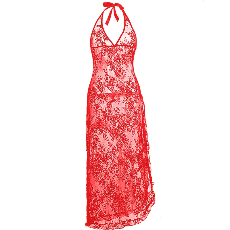 

Plus S-6 XL Sexy Lace Lingerie Lace Embroidery Red Black Baby Doll Sexy Lingerie V-Neck Gown Lace Up