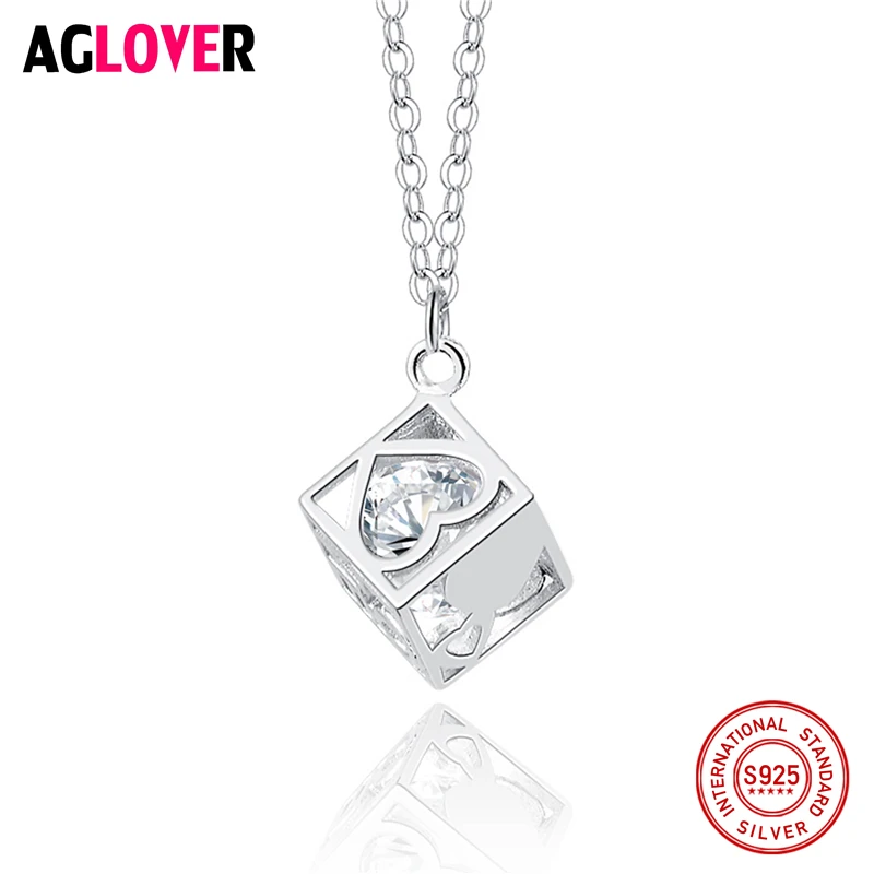 

925 Sterling Silver Square Cube Rhinestones Choker Statement Heart Necklace Women Charm Pendants Necklaces Jewelry