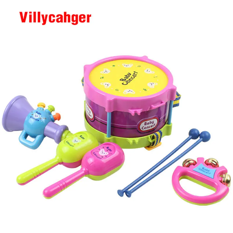 

5pcs/set Musical Instruments Playing Set Colorful Educational Toy Drum / Handbell / Trumpet / Sand Hammer / Drum Stick kid Gift