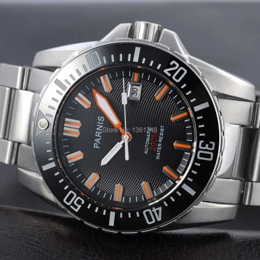 43 мм Parnis черный циферблат сапфировое стекло керамический ободок водостойкий 200 м