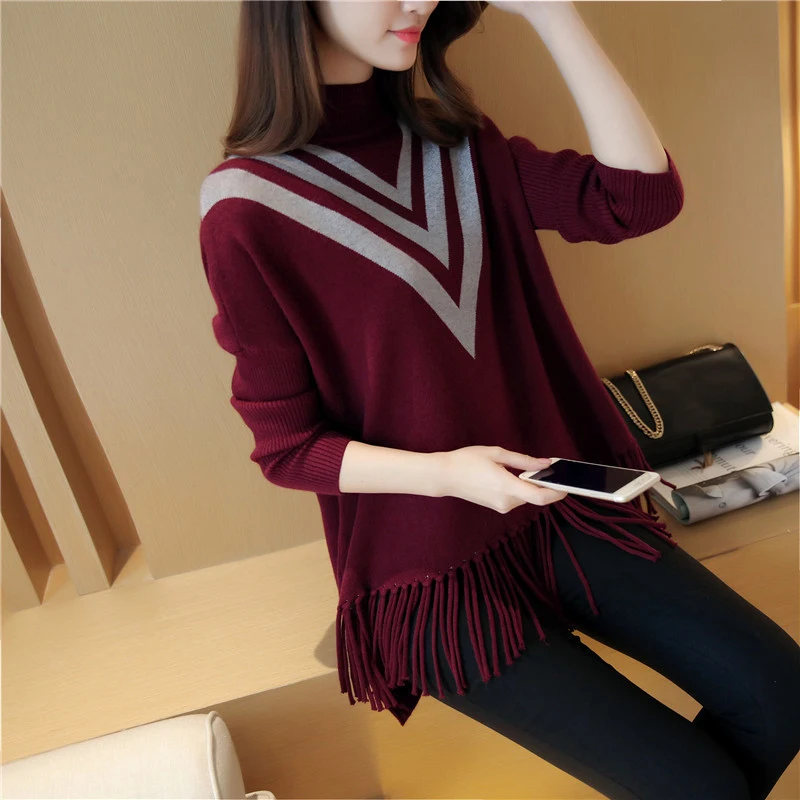 Женское пончо в полоску свитер-водолазка с бахромой Осень-зима |