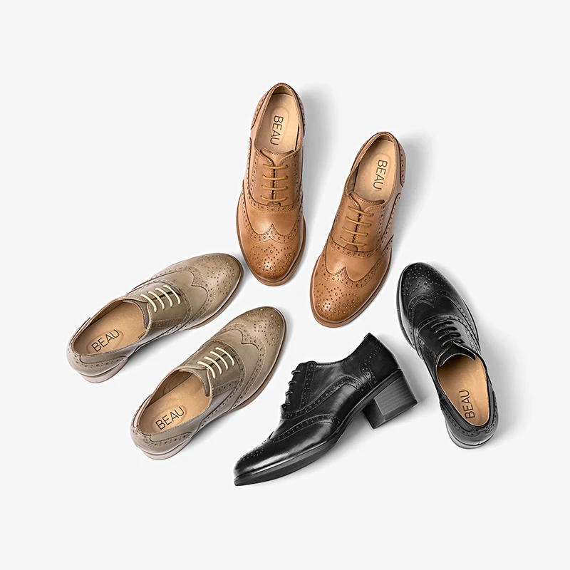 BeauToday Women Oxfords Sheepskin Genuine Leather Waxing Round Toe Lace-up Ladies Pumps Handmade A15114