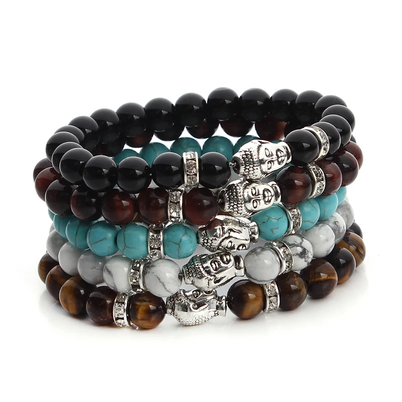 2016 New Antique Silver Color Men Buddha Head Bracelet Natural Howlite/Bead/Tiger Eye Bead Stone Stretch Bracelets Bangles | Украшения и