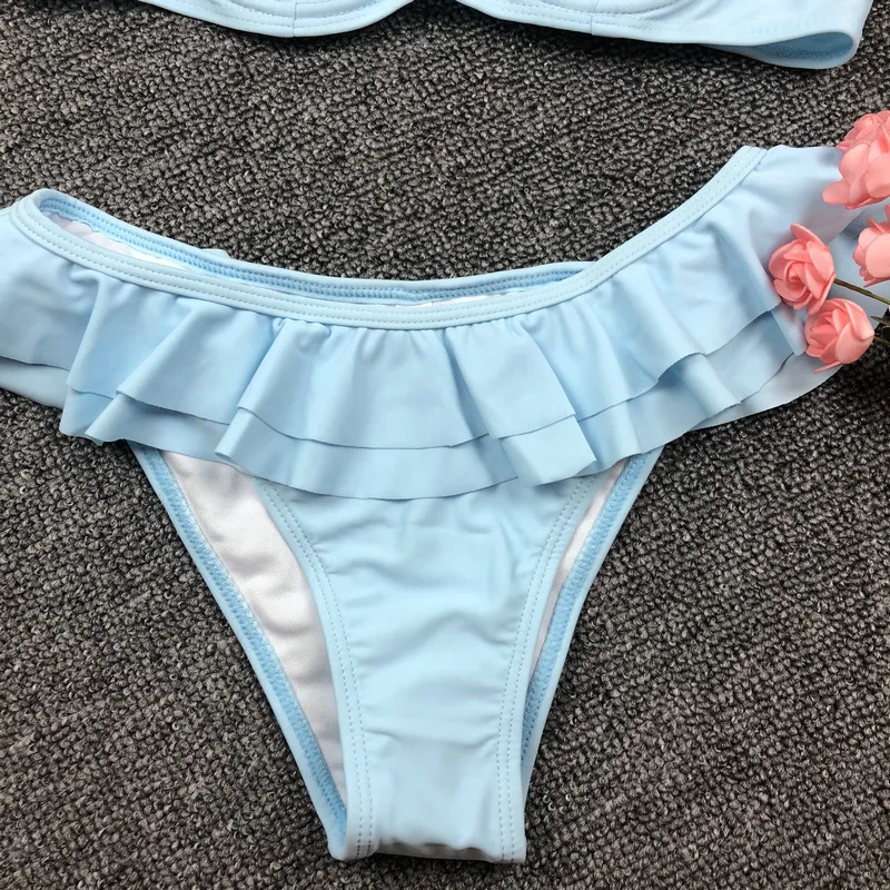 Solid Halter Top Swimwear Women Push Up Biquini 2019 Sexy Ruffle 2 Pieces Swimsuit Padded Bikini Set for Beachwear |