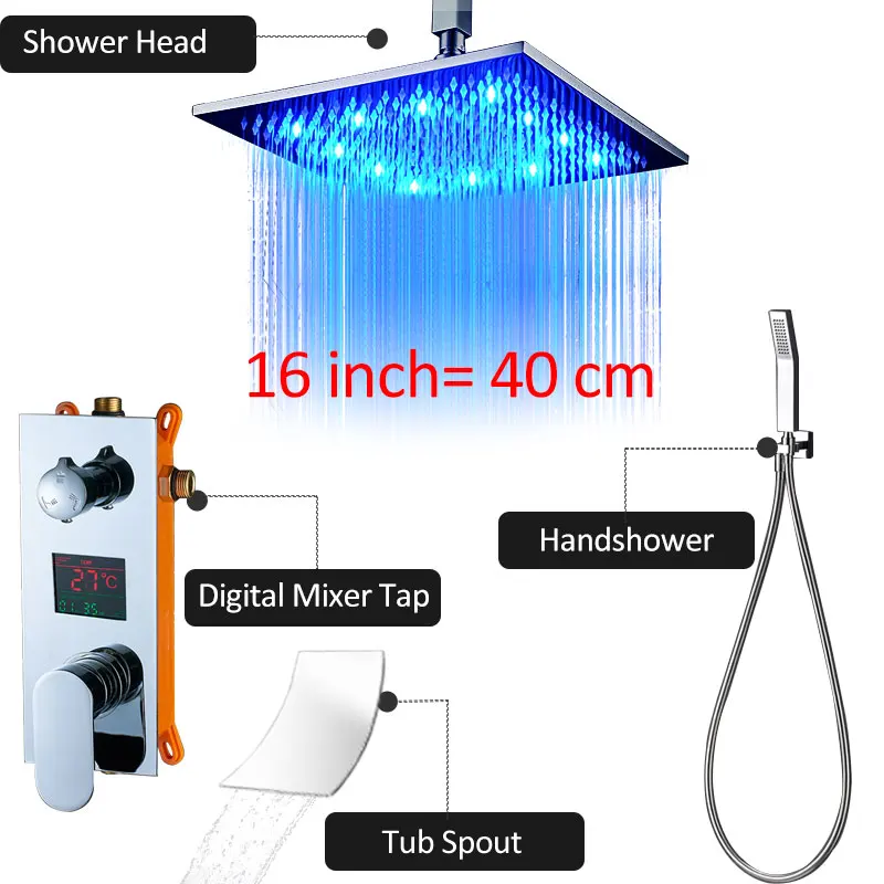 16 inch full set Quyanre, 3 функции, цифровые смесители для душа, набор, светодиодный душ с дождевой насадкой, водопад, носик, 3 способа, цифровой смеситель, смеситель для ванной, Душ - Цвет: 16 inch full set