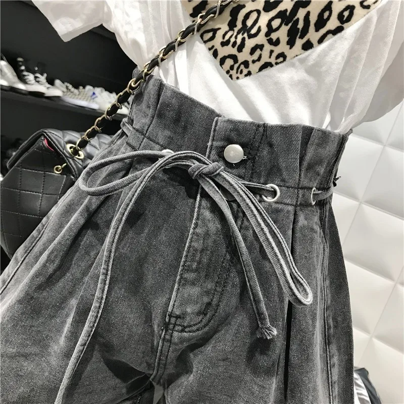 Весенние женские короткие джинсовые брюки с высокой талией на шнурках карманами