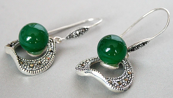 

Hot sell Noble- hot sell new - 10MM Round Natural Green stone Beads 925 Silver Hook Marcasite Earrings 11/2"