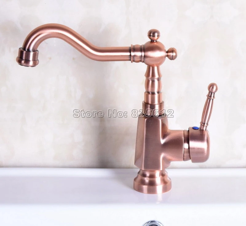 

Antique Red Copper Swivel Spout Bathroom Basin Faucet Single Handle Vessel Sink Mixer Taps Deck Mounted Single Hole Wnf254