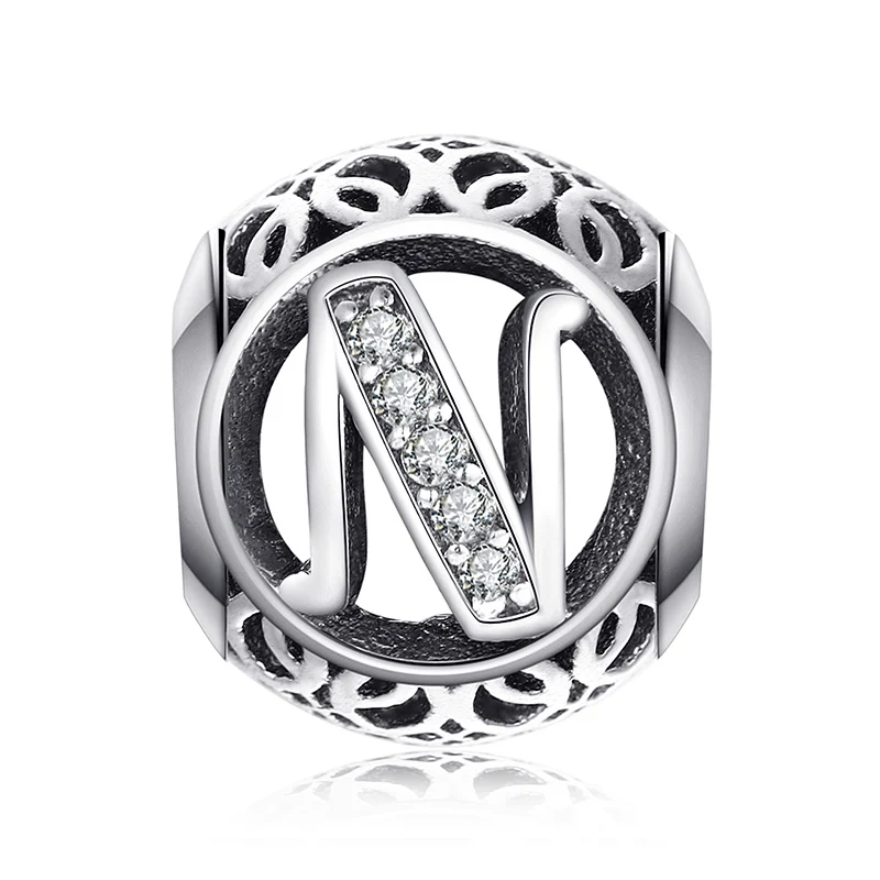 N JewelryPalace Винтаж Письмо A-R кубического циркония Aucthentic 925 пробы Серебряный браслет DIY ювелирных подарки для нее - Цвет: N