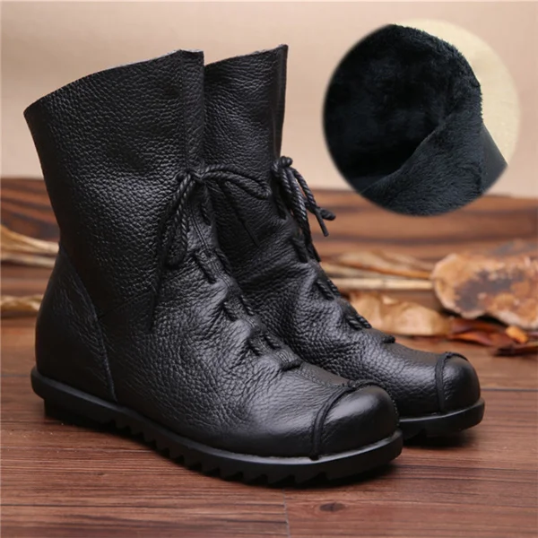 Black Plush lining Женские ботинки из натуральной кожи в винтажном стиле женские ботинки из мягкой воловьей кожи на плоской подошве ботильоны на молнии спереди zapatos mujer - Цвет: Black Plush lining