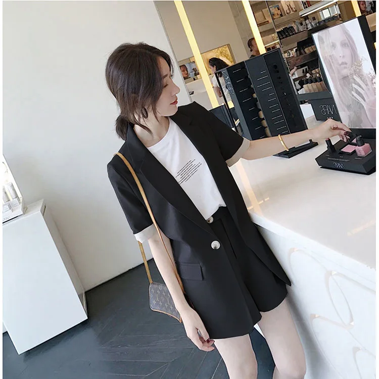 

Summer Suit Female 2 Pieces Set Tracksuit for Women Loose Blazer & Bow Elastic Waist Short Pant Suits High Quality