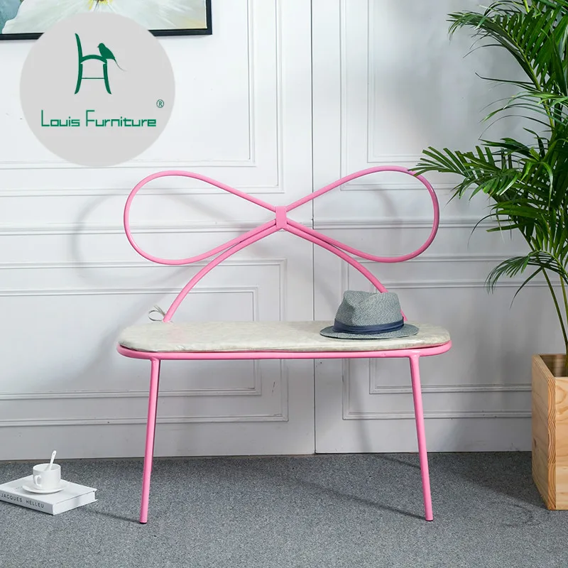 

Louis Fashion Chair Pink Double Bow Bow Decoration Iron Art Furniture Nail Back Leisure Modern Beauty Make-up
