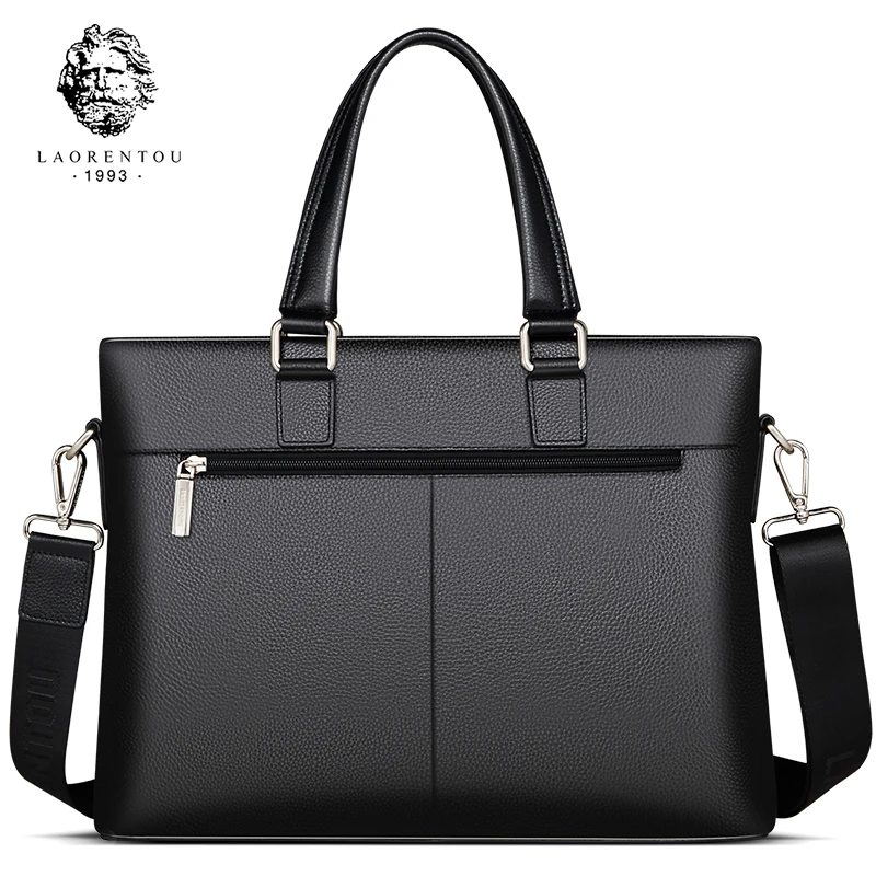 Мужской кожаный портфель LAORENTOU черный деловой из воловьей кожи с ручками и