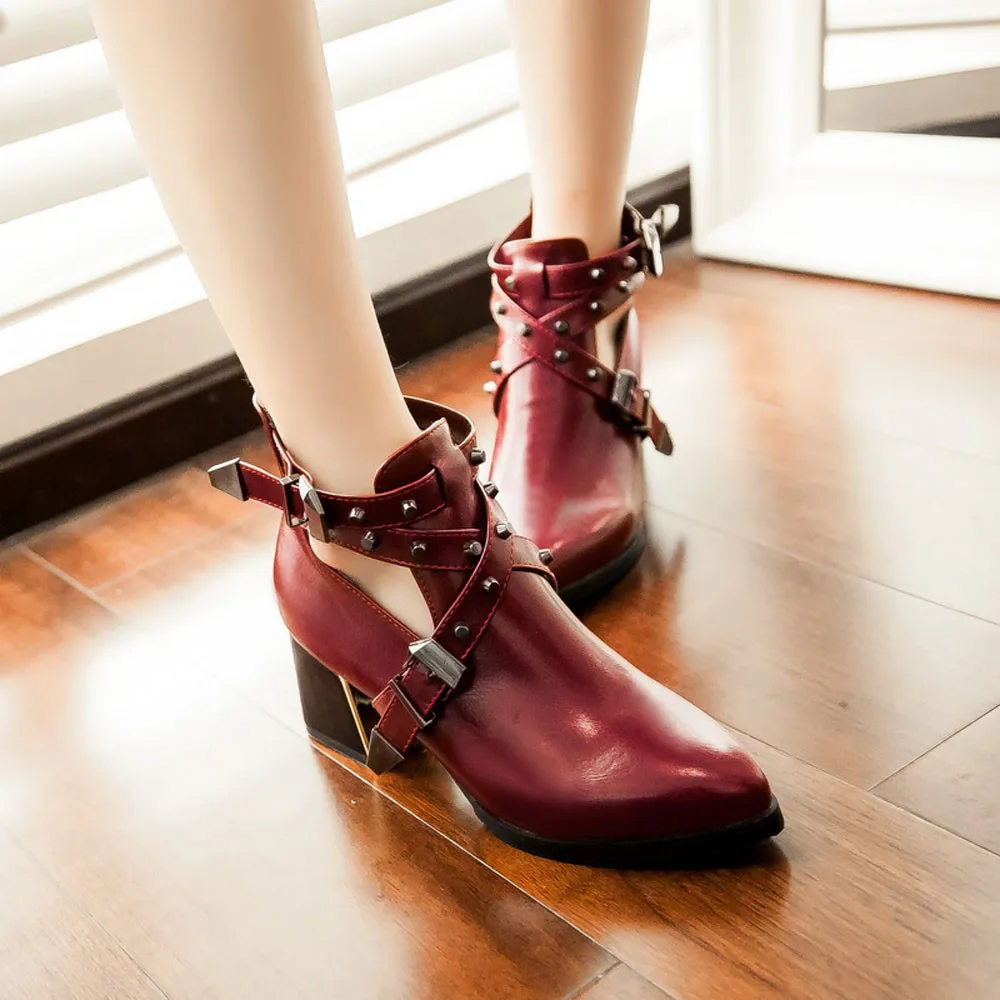 SAGACE/модные женские туфли в стиле ретро с заклепками и ремешком с пряжкой короткие женские ботинки с острым носком на толстом каблуке kozaki damskie zima