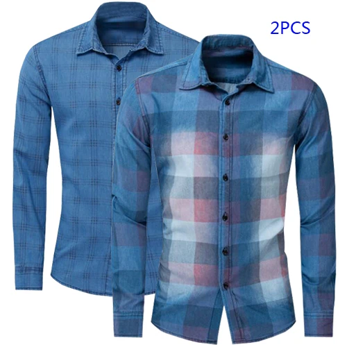 FM204 blue 2pcs 2 шт. новая рубашка высокого качества брендовые хлопковые мужские рубашки Повседневное мужская клетчатая рубашка с длинными рукавами Camisa Masculina брендовая одежда - Цвет: FM204 blue 2pcs