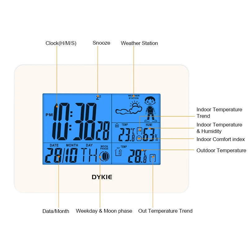 Белая Беспроводная метеостанция DYKIE с цифровым будильником комнатная и уличная