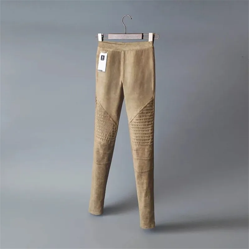 Весенние женские облегающие замшевые эластичные брюки со складками и высокой