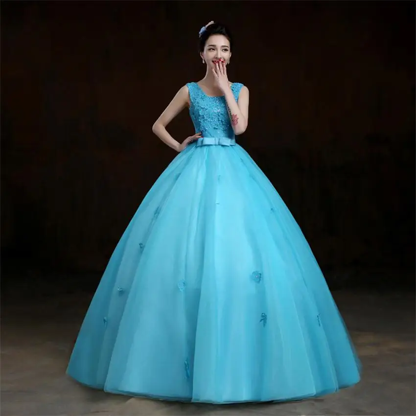 Blue Lace Wedding Dresses Puffy Princess Bridal Gowns Sleeveless Crystals Vestido De Noiva 2017 Custom Made Dress On Sale | Свадьбы и