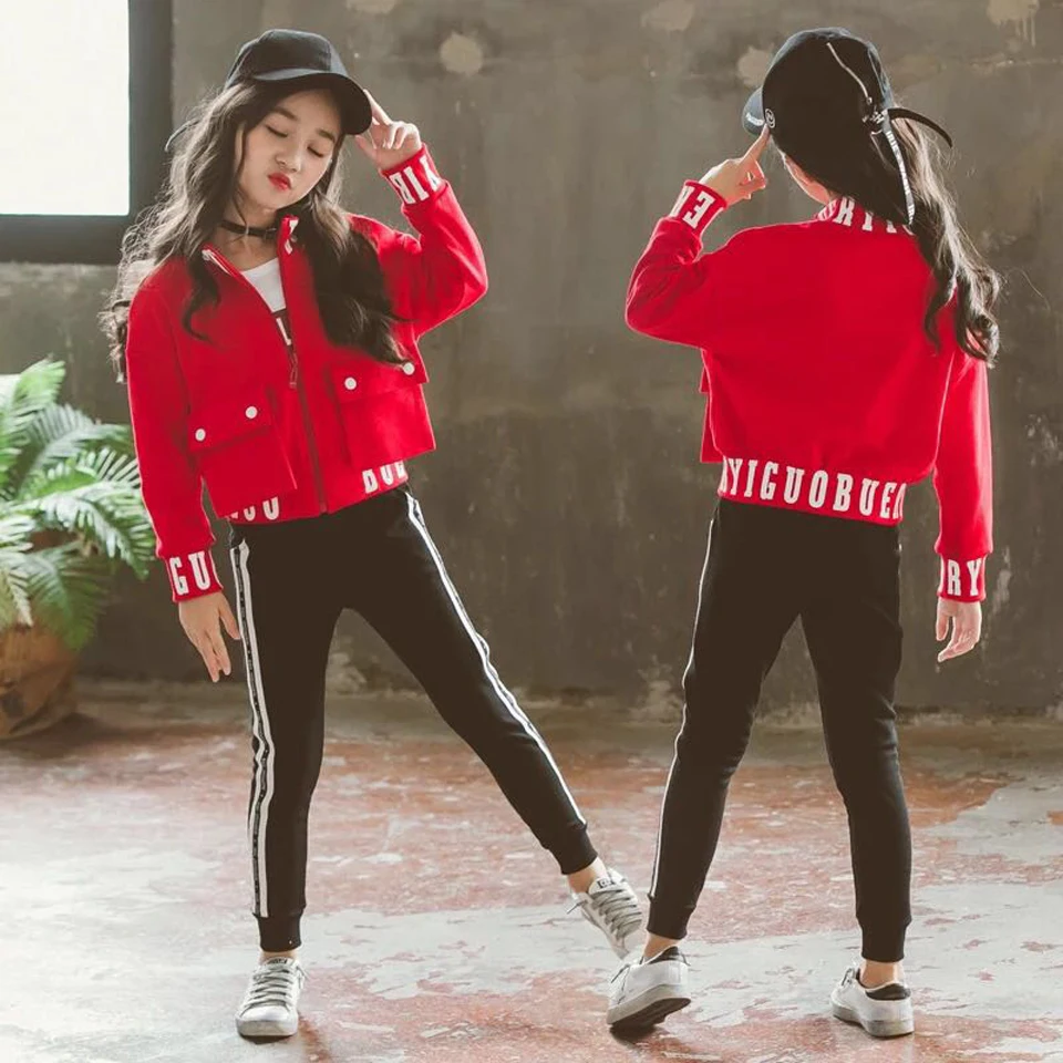 

2019 New Korean Teenage Girls Clothing Set Size 8 10 12 13 Years For Autumn Spring Kids Long Sleeve Jacket Pant T-shirts Outfits