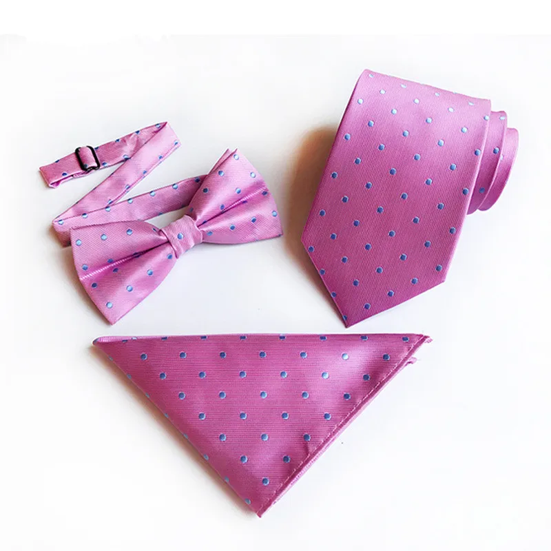 Розовый галстук в горошек деловой мужской набор бабочка и платок жаккардовый 3