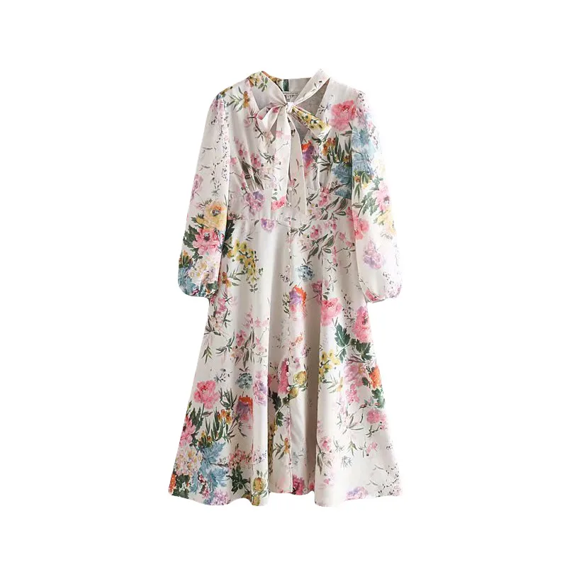 Женское платье до середины икры с цветочным принтом милое плиссированное