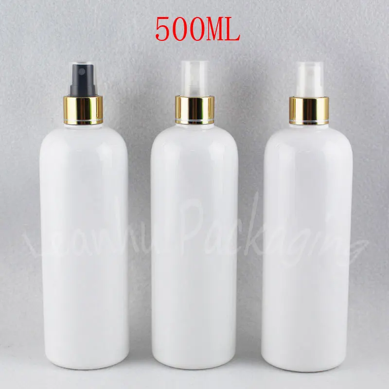 

500ML White Round Shoulder Plastic Bottle With Gold Spray Pump , 500CC Toner / Water Packaging Bottle , Empty Cosmetic Container