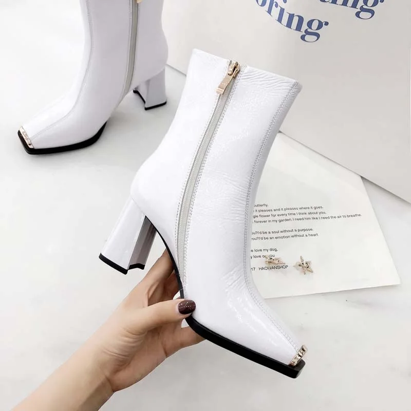 

VANKARING brand women boots metal square toe square high heel ankle boots women shoes winter short boots black shoes for girl