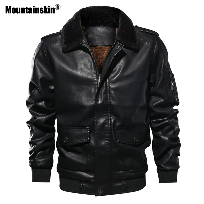 Мужская куртка бомбер из ПУ кожи Mountainskin теплая плотного бархата мотоциклетная