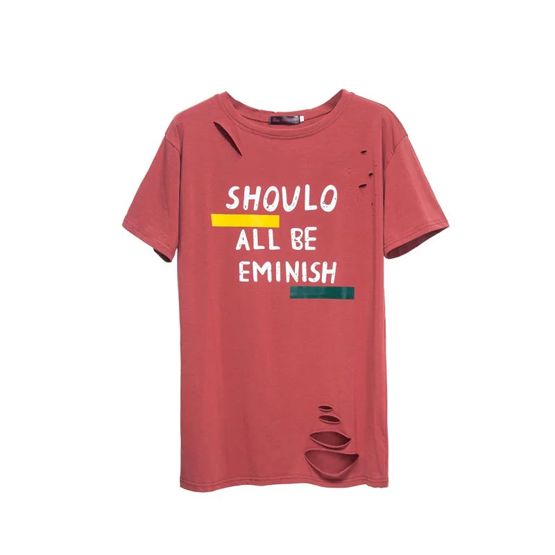 

2019 summer new trend T-shirt loose and comfortable large size T-shirt fashion hole simple short-sleeved women hh266