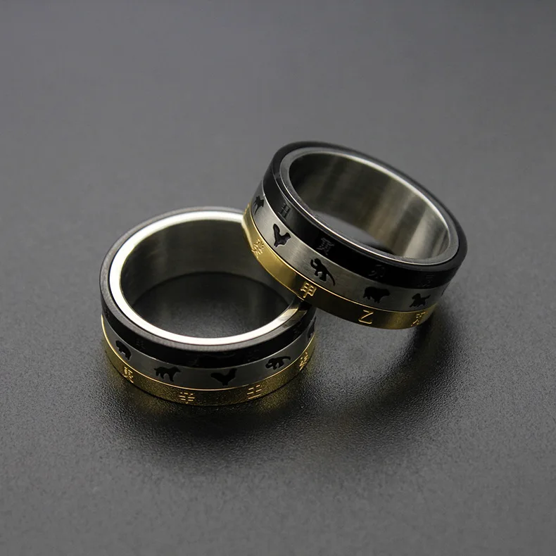 Men's Zodiac Chinese style letter Ring Cool gold Black Stainless Steel Wia Rings for Men Jewelry dropshipping | Украшения и