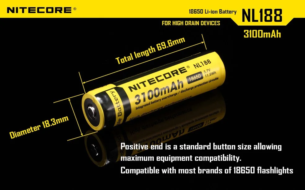 NITECORE NL188 18650 3100mAh 3,7 V 11.5Wh литий-ионная аккумуляторная батарея с защитой PCB
