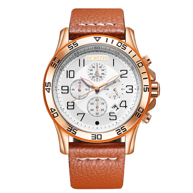 brown white OCHSTIN модные спортивные мужские часы Топ бренд класса люкс Натуральная кожа кварцевые наручные часы с хронографом мужские водонепроницаемые Relojes Hombre - Цвет: brown white