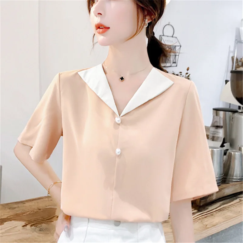 Women Tops 2019 Summer New Fashion Blouses Chiffon Short Sleeve POLO Neck Shirts Solid Color Casual Office Ladies Top Blusas |
