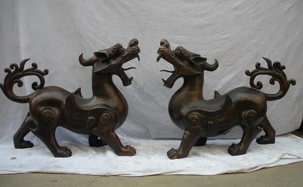 

xd 002943 17"China Tibet Classical Bronze carved Dragon unicorn Statue pair