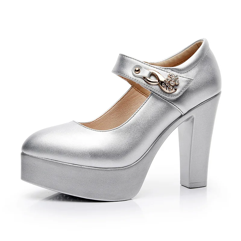 10cm heel silver Женские туфли из натуральной кожи на каблуке; коллекция года; сезон весна; туфли-лодочки с ремешком на щиколотке; женские свадебные туфли на среднем каблуке; большие размеры 41, 43 - Цвет: 10cm heel silver
