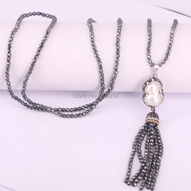 5 прядей ожерелье с черной кисточкой для женщин beads бусины и проложить CZ натуральный жемчужный длинное ожерелье