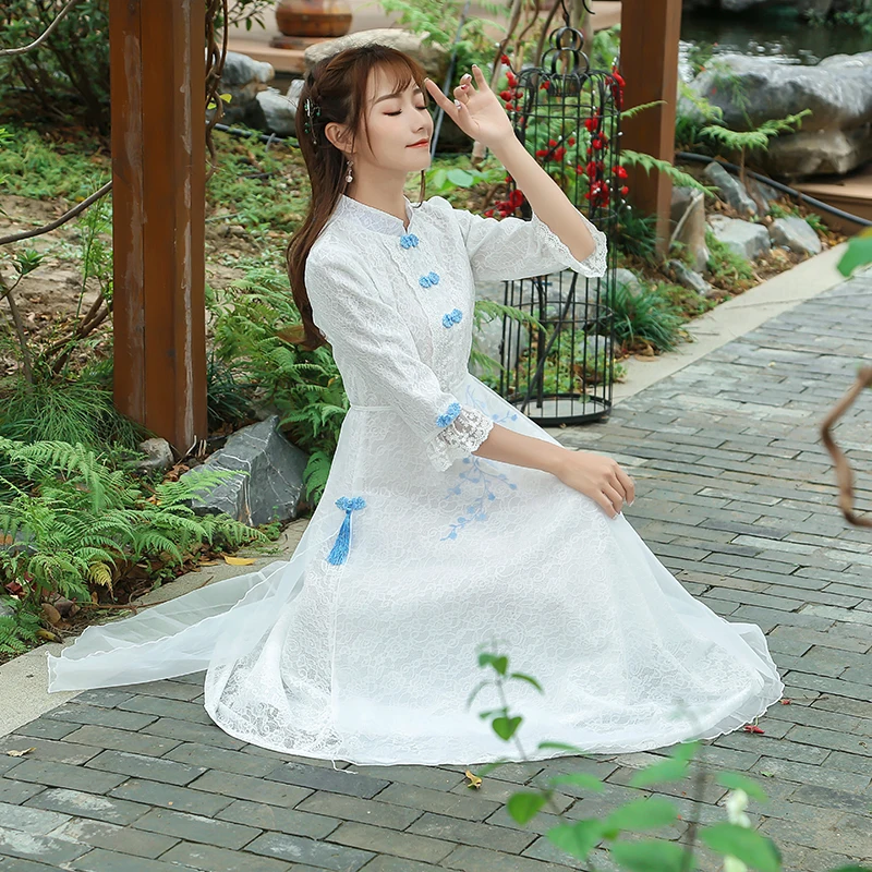

New Vintage Women dress Lace Slim Chinese Wind Embroider Little Long Cheongsam Dresses Fairy White 8091