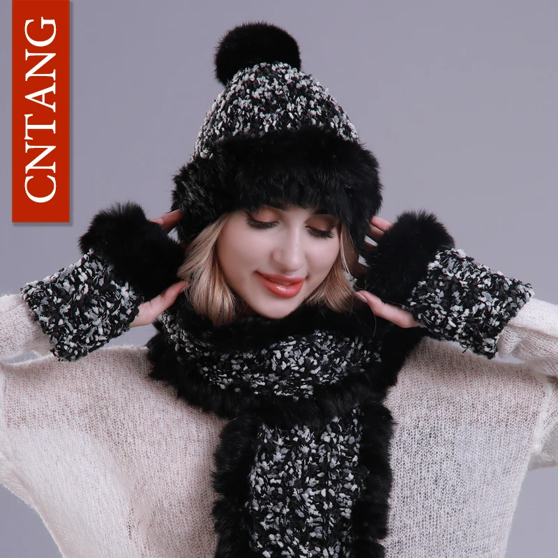 

CNTANG Winter Women Hat And Scarf With Gloves 3Pieces Set Female Warm Knitted Rabbit Fur Pompom Hats Scarves Fashion Luxury Caps