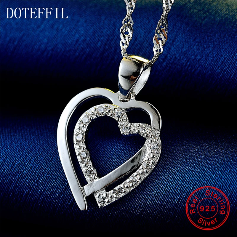 Женское ожерелье из серебра 925 пробы с кулоном в виде двух сердец|women jewelry|chain