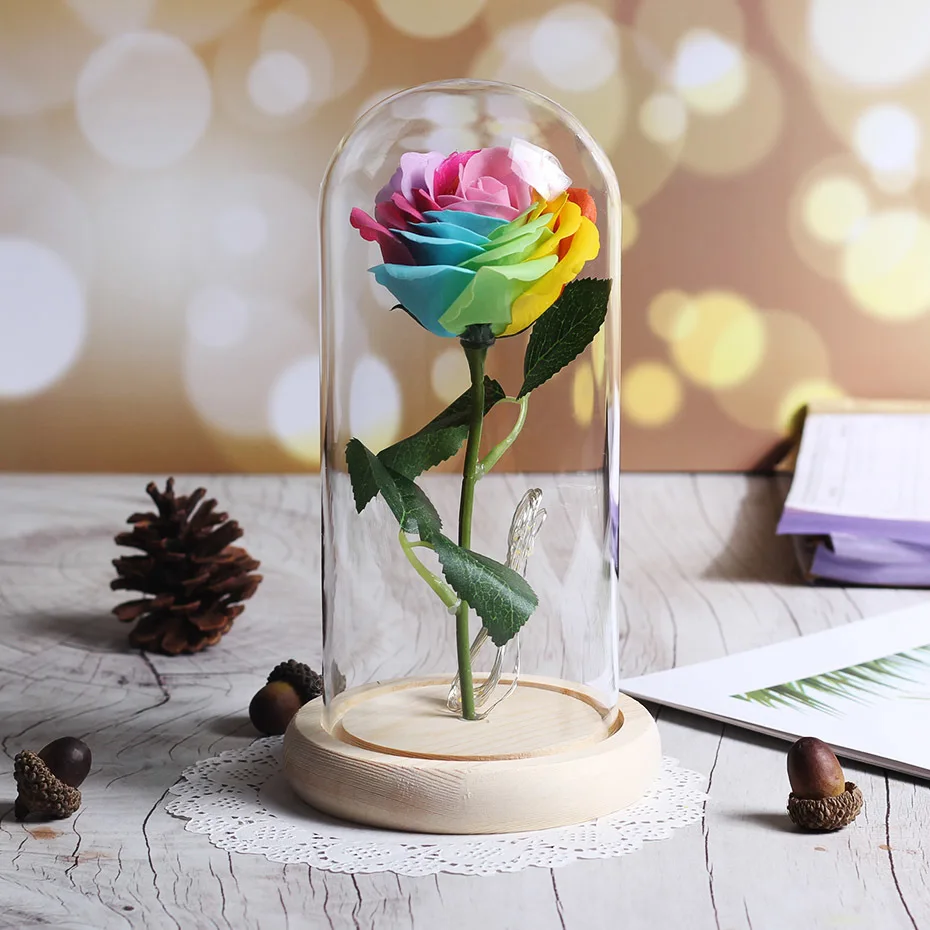 Neue schenheit Und Biest Rose In Glaskolben Rose Blume Licht деревянная основа Glas Dome Für Mutter Der Tag Valentines Weihnachten