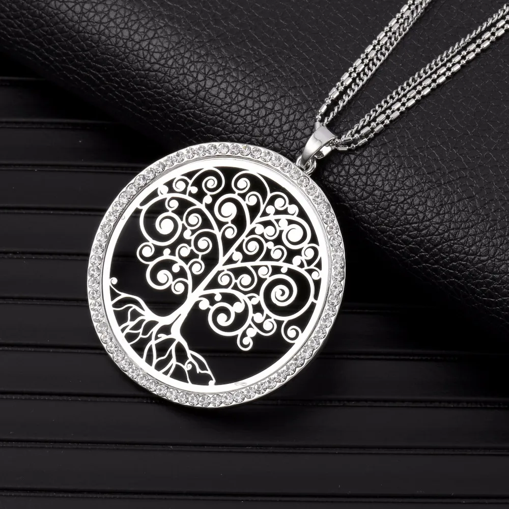 Silvery Tree Of Life Necklaces for Women Long Sweater Chain female Rhinestone Round Pendant Gift 2020 wholesale price | Украшения и