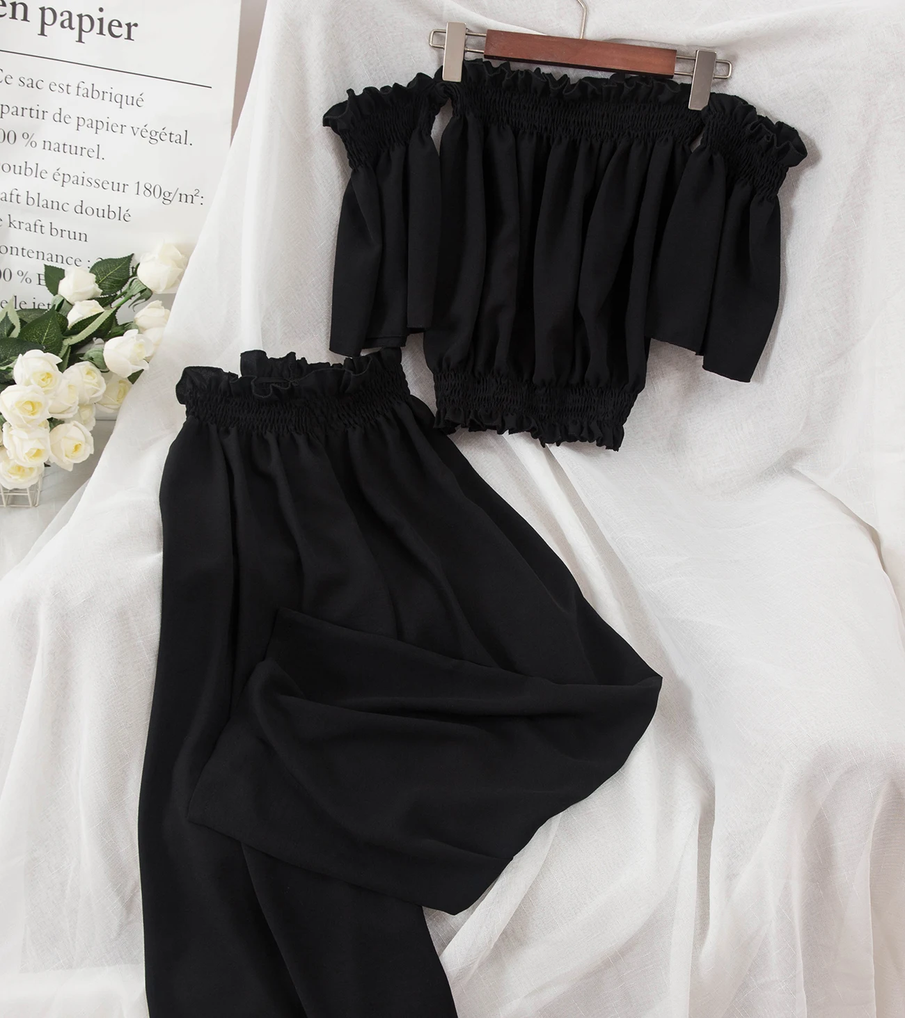 Женский шифоновый костюм ALPHALMODA комплект из топа и брюк с широкими штанинами