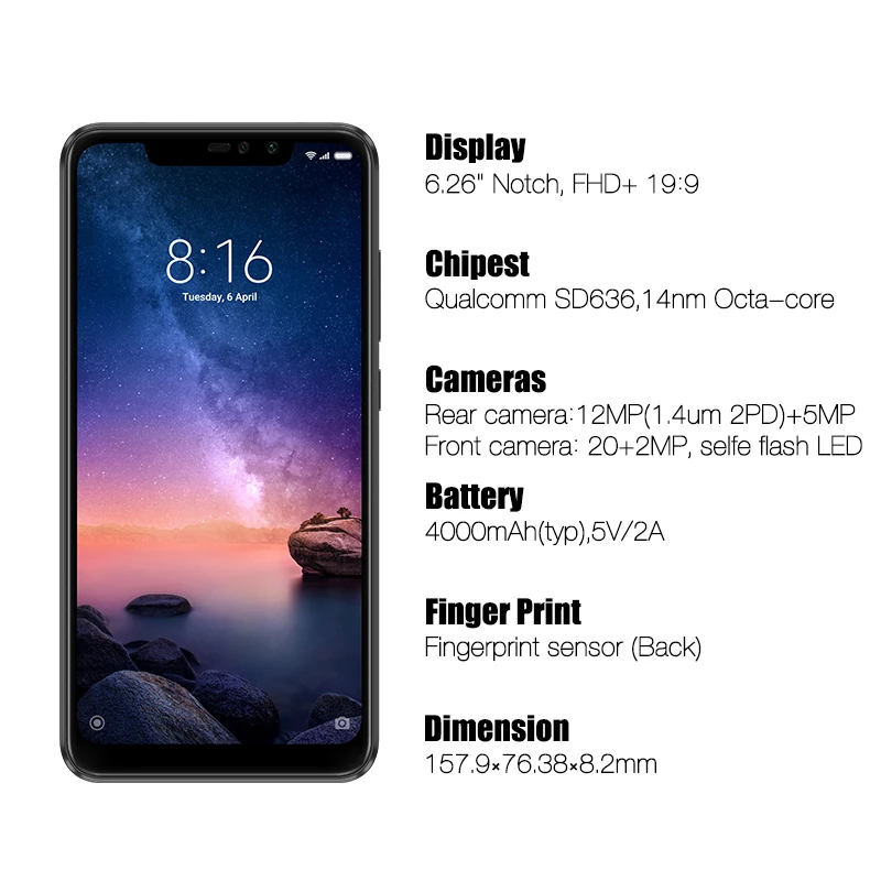 Xiaomi Redmi Note 6 Pro 4 ГБ 64 26 дюйма Нотч 19:9 FHD + экран Смартфон Snapdragon 636 Восьмиядерный 20 МП