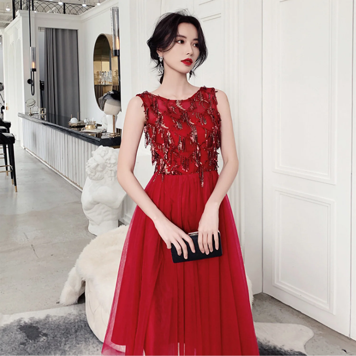 

ANTI Champagne Summer Sleeveless Prom Dress Bling Fashion Sequin Playful Sweet Short Slim Dance Party A-line Tulle Princess Gown