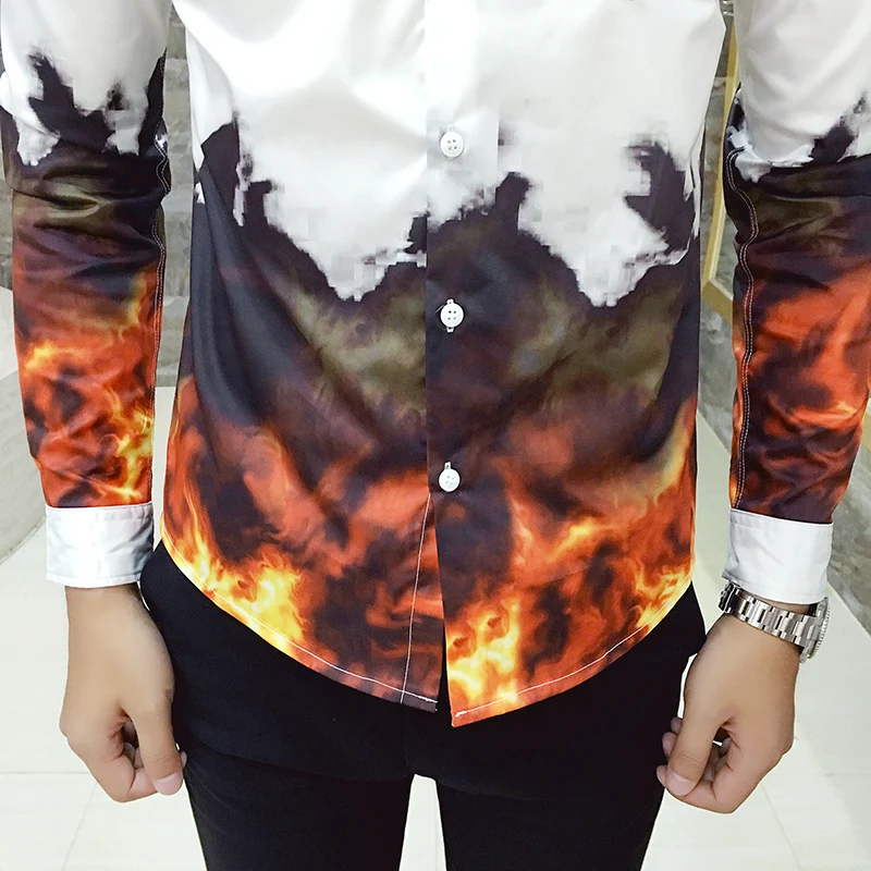 Мужская рубашка с длинным рукавом принтом в виде пламени|men long sleeve shirt|pattern shirtshirt