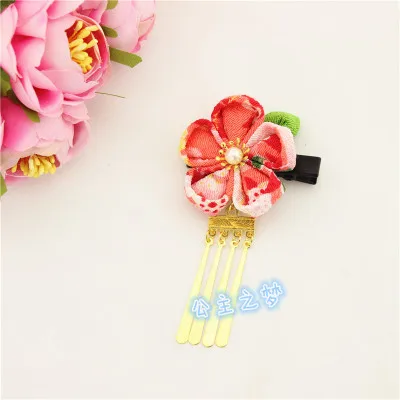 Лаконичный японский стиль Kanzashi цветок сакуры медные кисточкой красный розовый кимоно юката аксессуар ручной работы заколка для волос HW008-M - Цвет: Оранжевый