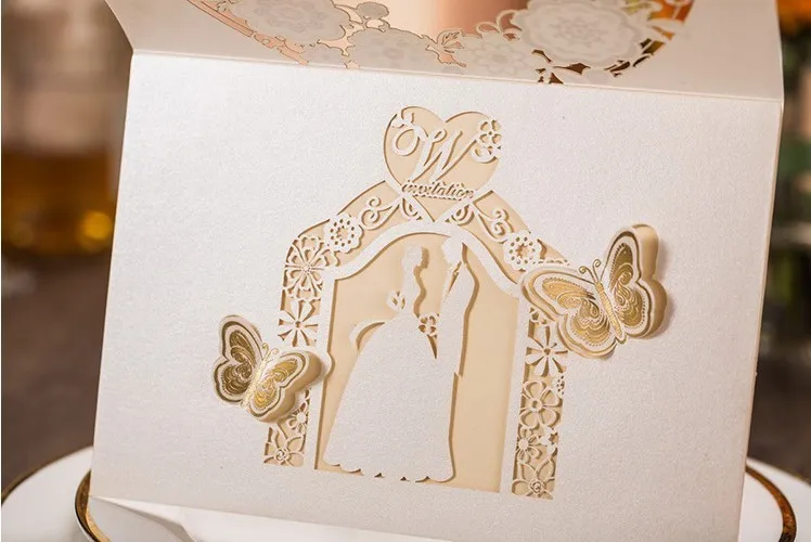 50 шт. свадебные пригласительные открытки Золотой белый лазерный разрез бабочка