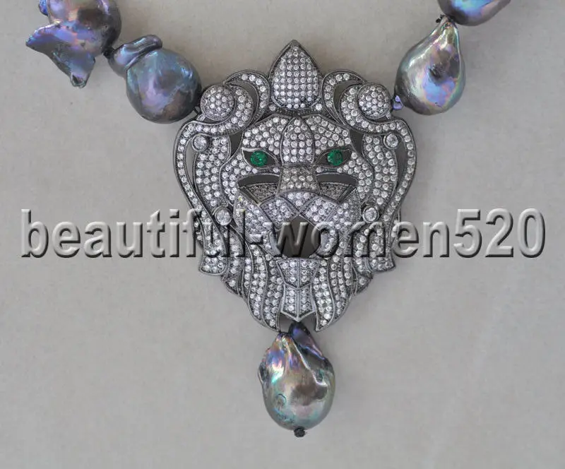 

Z9395 20mm Black Baroque Keshi Pearl Necklace & pendant Lion CZ 17inch