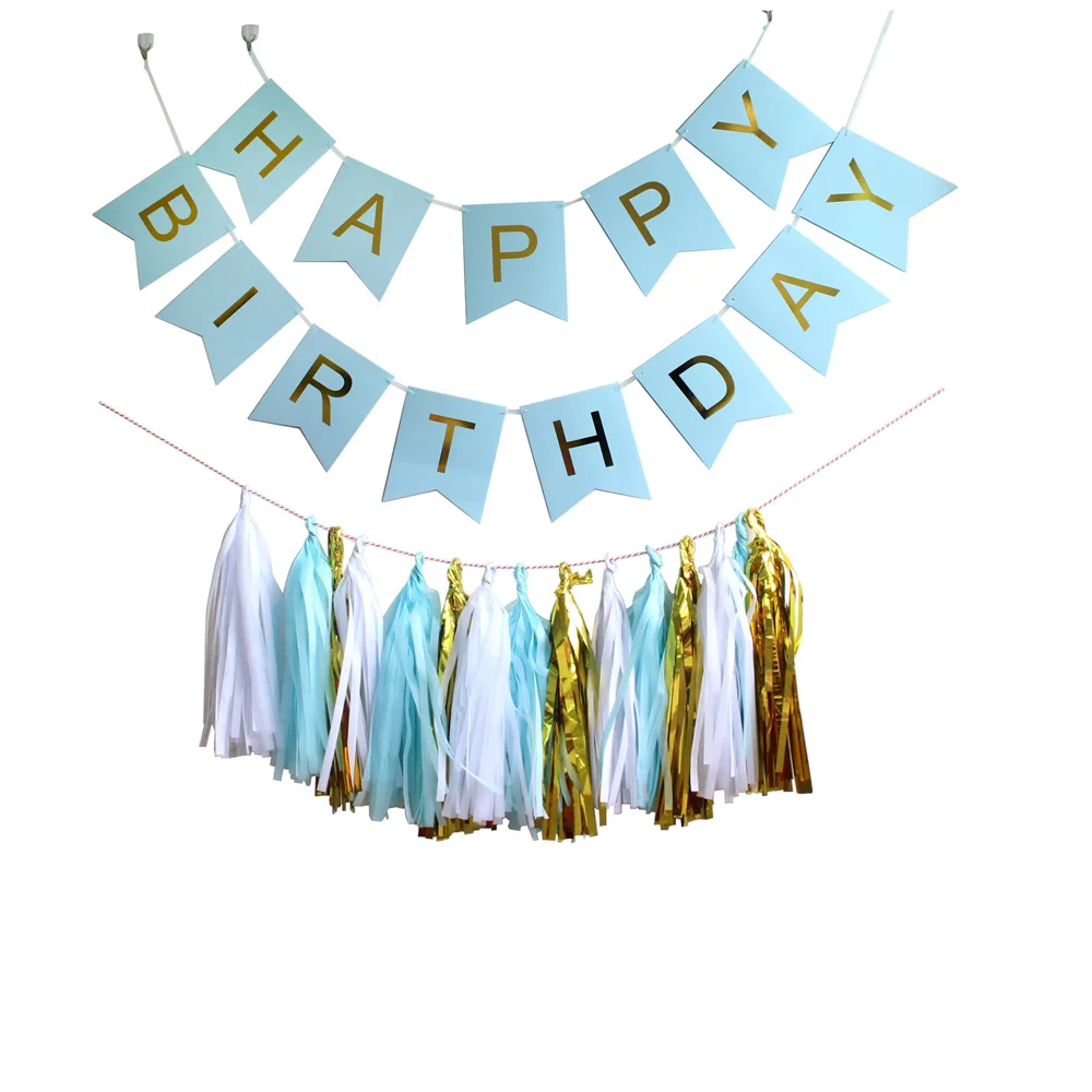 Party Garland with Pack 15 tissue paper Tassels Pink/White/Mint Colors Happy Birthday Bunting Banner Gold Letters | Дом и сад