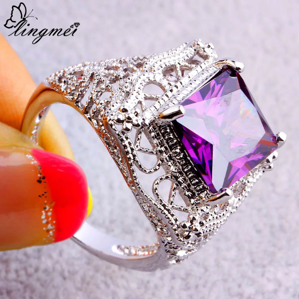 Женское кольцо с фиолетовым цирконом серебристого цвета размеры 6 7 8 9 10|fashion rings for